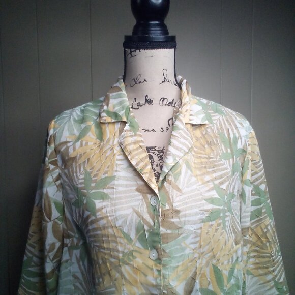 Cathy Daniels Blouse M Button Up Sheer Textured 3/4 Sleeve Floral Brown Green - Picture 14 of 16